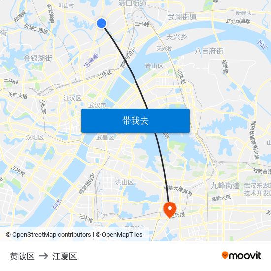 黄陂区 to 江夏区 map
