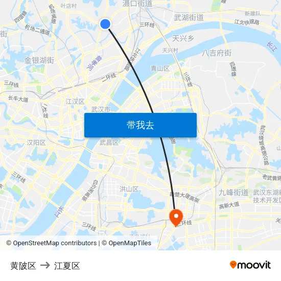 黄陂区 to 江夏区 map