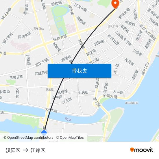 汉阳区 to 江岸区 map