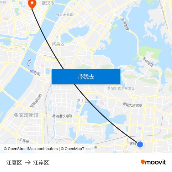 江夏区 to 江岸区 map