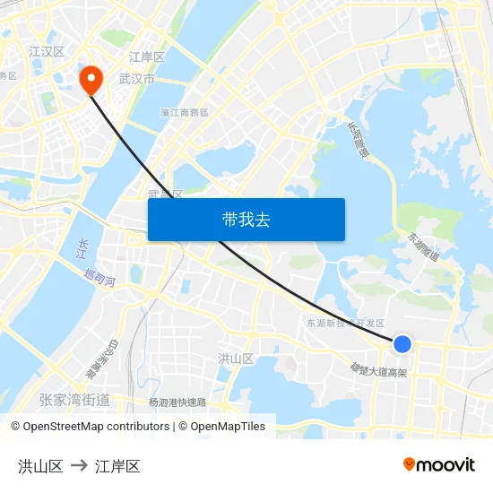 洪山区 to 江岸区 map