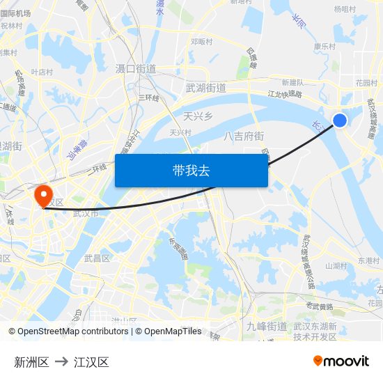 新洲区 to 江汉区 map