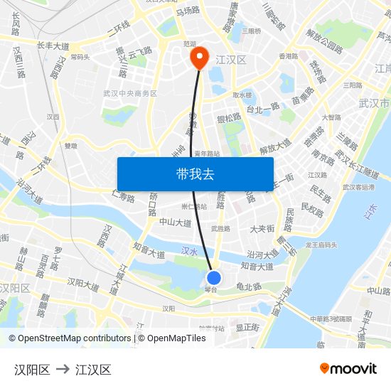 汉阳区 to 江汉区 map