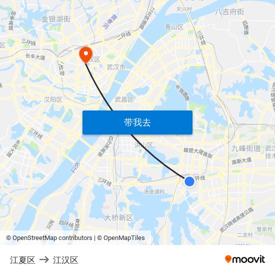 江夏区 to 江汉区 map