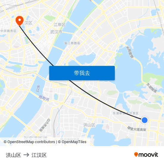 洪山区 to 江汉区 map