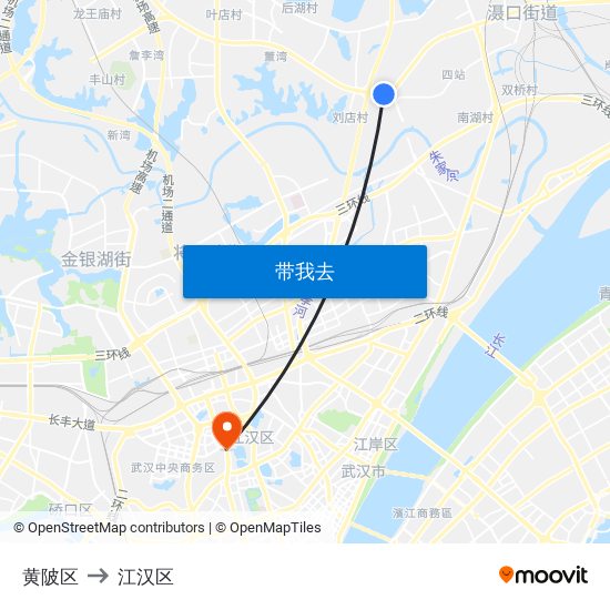 黄陂区 to 江汉区 map