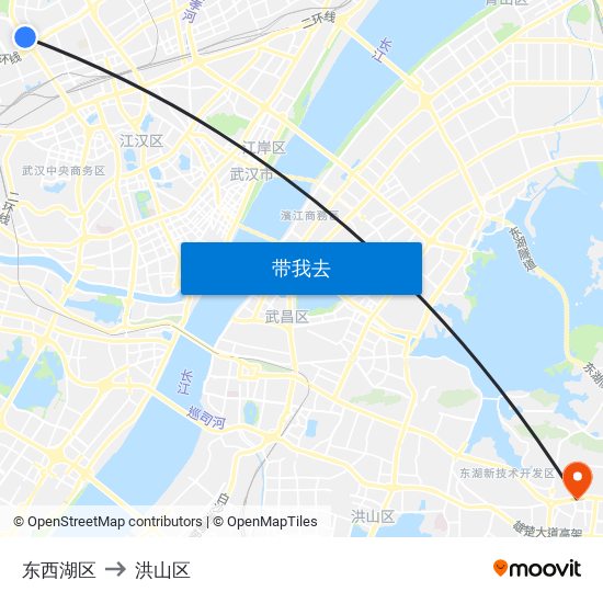 东西湖区 to 洪山区 map