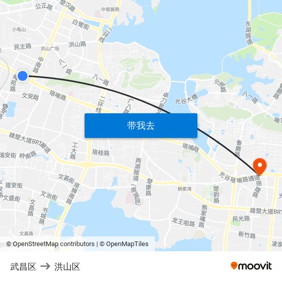武昌区 to 洪山区 map