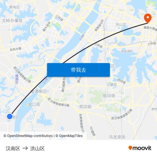 汉南区 to 洪山区 map