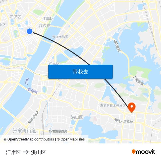 江岸区 to 洪山区 map
