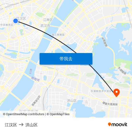 江汉区 to 洪山区 map