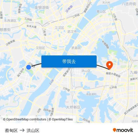 蔡甸区 to 洪山区 map