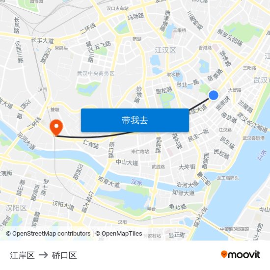 江岸区 to 硚口区 map