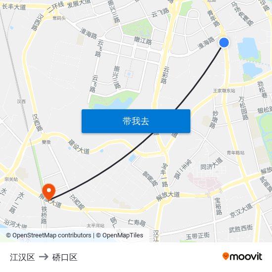 江汉区 to 硚口区 map