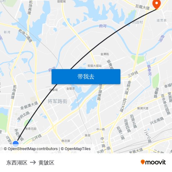 东西湖区 to 黄陂区 map