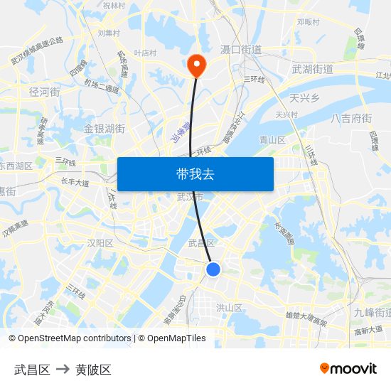 武昌区 to 黄陂区 map
