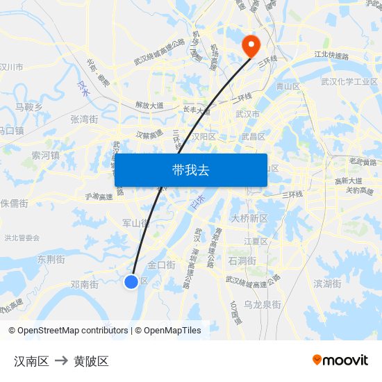 汉南区 to 黄陂区 map