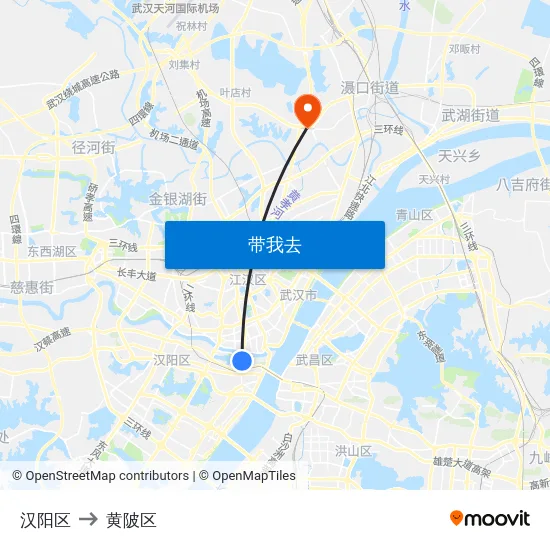 汉阳区 to 黄陂区 map