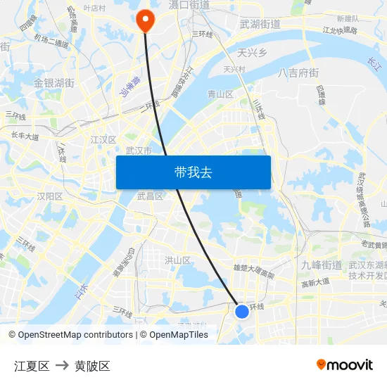 江夏区 to 黄陂区 map