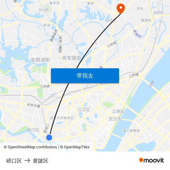 硚口区 to 黄陂区 map