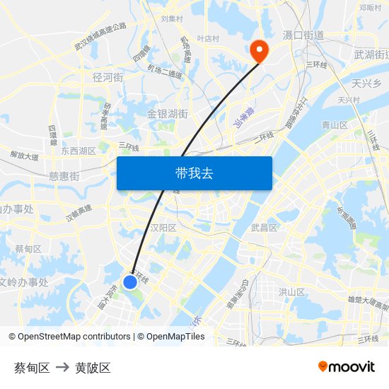 蔡甸区 to 黄陂区 map