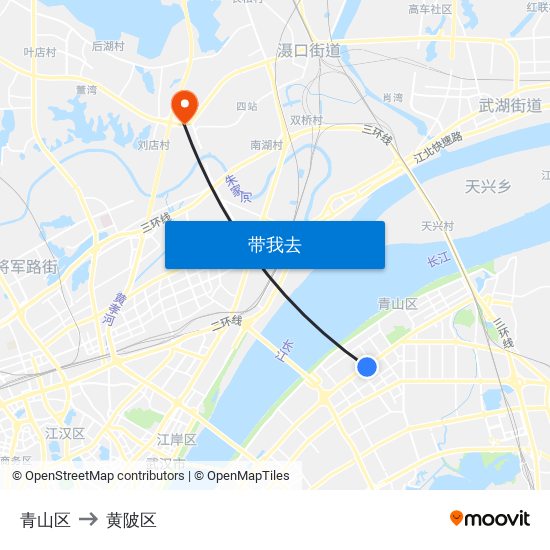 青山区 to 黄陂区 map