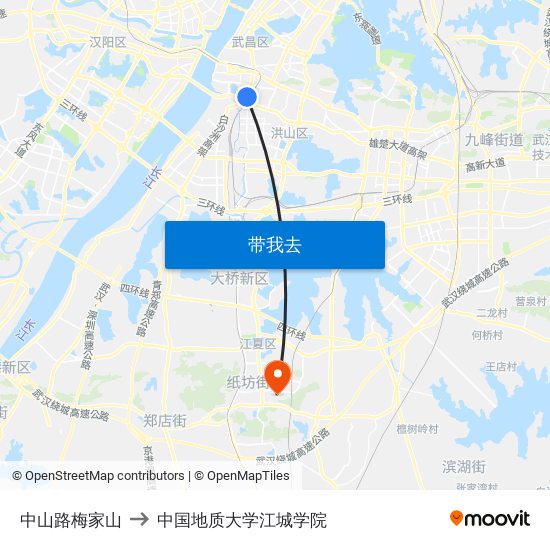 中山路梅家山 to 中国地质大学江城学院 map