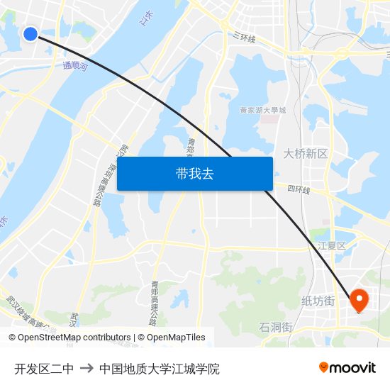 开发区二中 to 中国地质大学江城学院 map