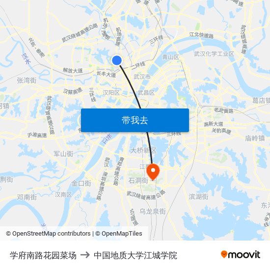 学府南路花园菜场 to 中国地质大学江城学院 map