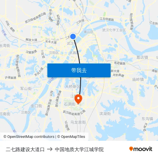 二七路建设大道口 to 中国地质大学江城学院 map