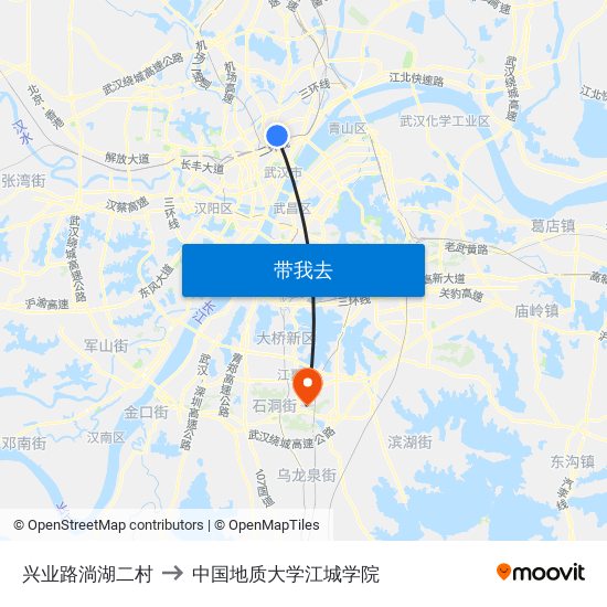 兴业路淌湖二村 to 中国地质大学江城学院 map