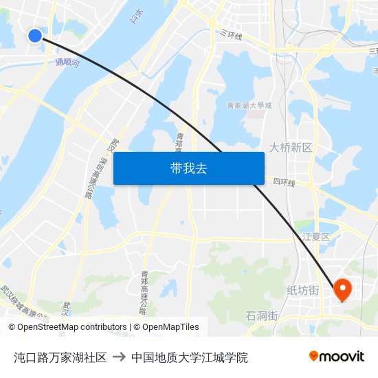 沌口路万家湖社区 to 中国地质大学江城学院 map