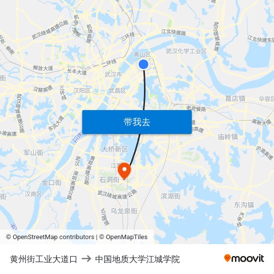 黄州街工业大道口 to 中国地质大学江城学院 map