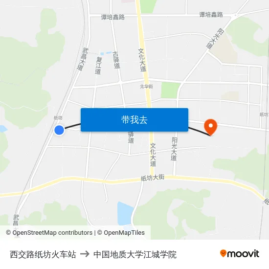 西交路纸坊火车站 to 中国地质大学江城学院 map