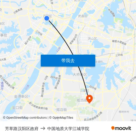 芳草路汉阳区政府 to 中国地质大学江城学院 map