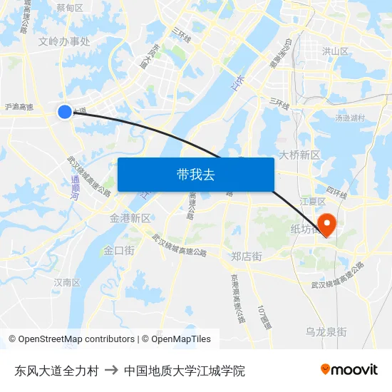 东风大道全力村 to 中国地质大学江城学院 map