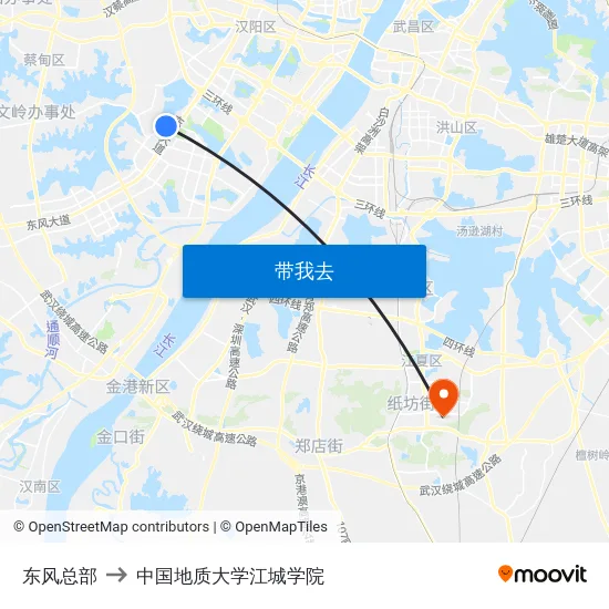 东风总部 to 中国地质大学江城学院 map