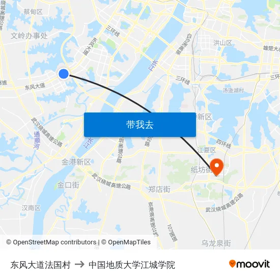 东风大道法国村 to 中国地质大学江城学院 map