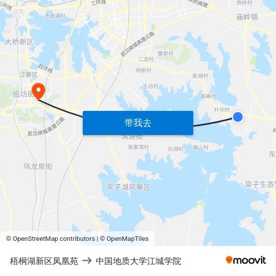 梧桐湖新区凤凰苑 to 中国地质大学江城学院 map