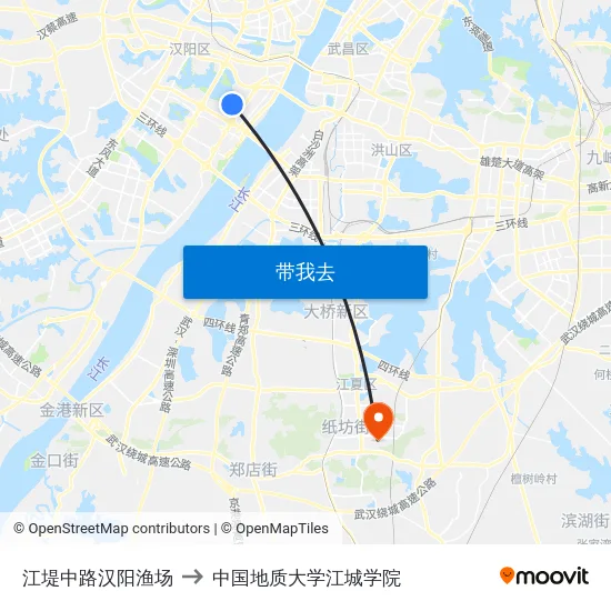 江堤中路汉阳渔场 to 中国地质大学江城学院 map