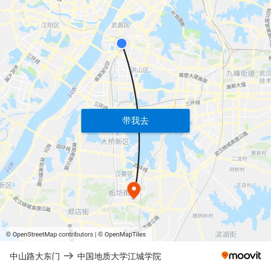 中山路大东门 to 中国地质大学江城学院 map