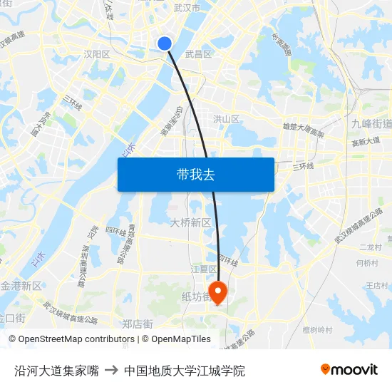 沿河大道集家嘴 to 中国地质大学江城学院 map