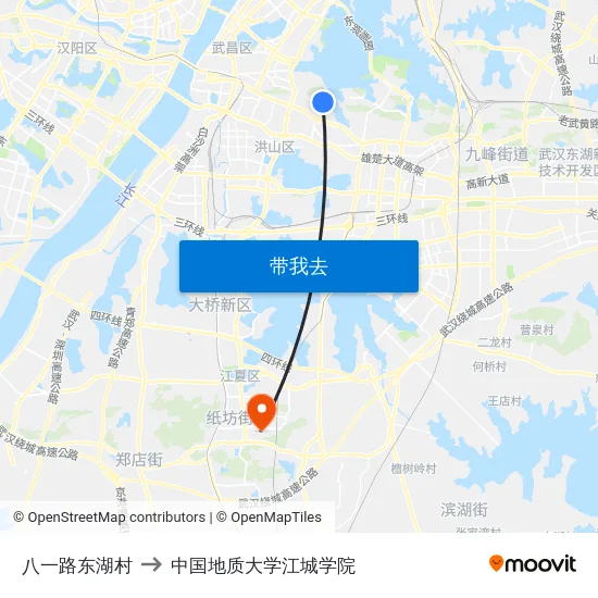 八一路东湖村 to 中国地质大学江城学院 map