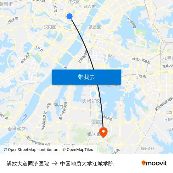 解放大道同济医院 to 中国地质大学江城学院 map