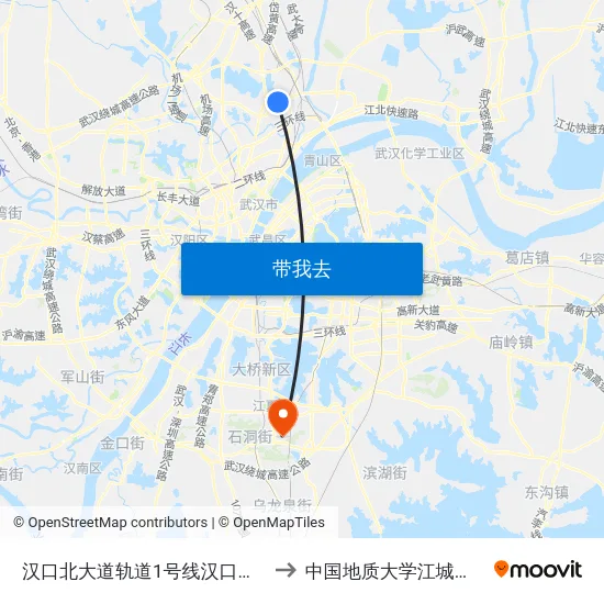汉口北大道轨道1号线汉口北站 to 中国地质大学江城学院 map