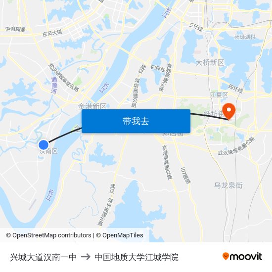 兴城大道汉南一中 to 中国地质大学江城学院 map