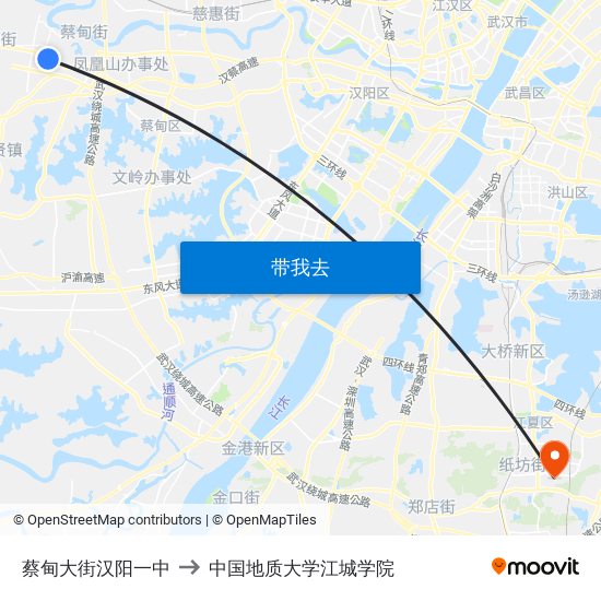 蔡甸大街汉阳一中 to 中国地质大学江城学院 map