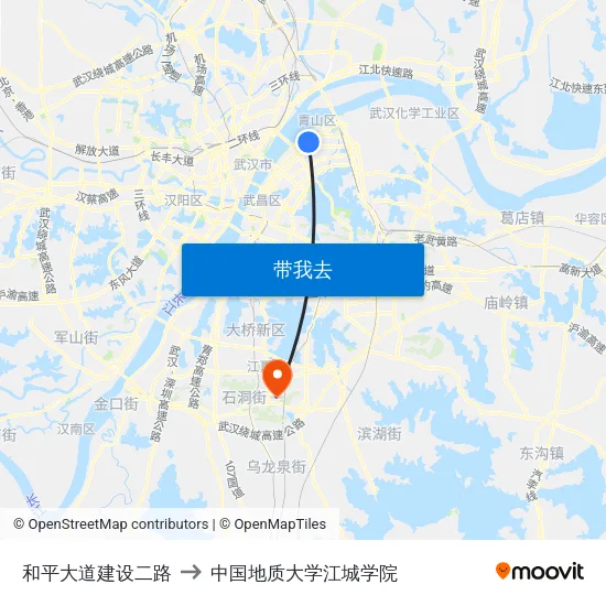 和平大道建设二路 to 中国地质大学江城学院 map