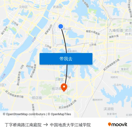 丁字桥南路江南庭院 to 中国地质大学江城学院 map