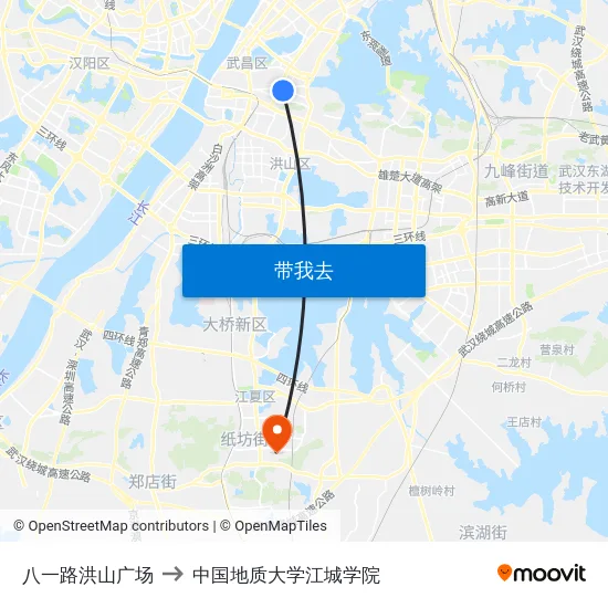 八一路洪山广场 to 中国地质大学江城学院 map